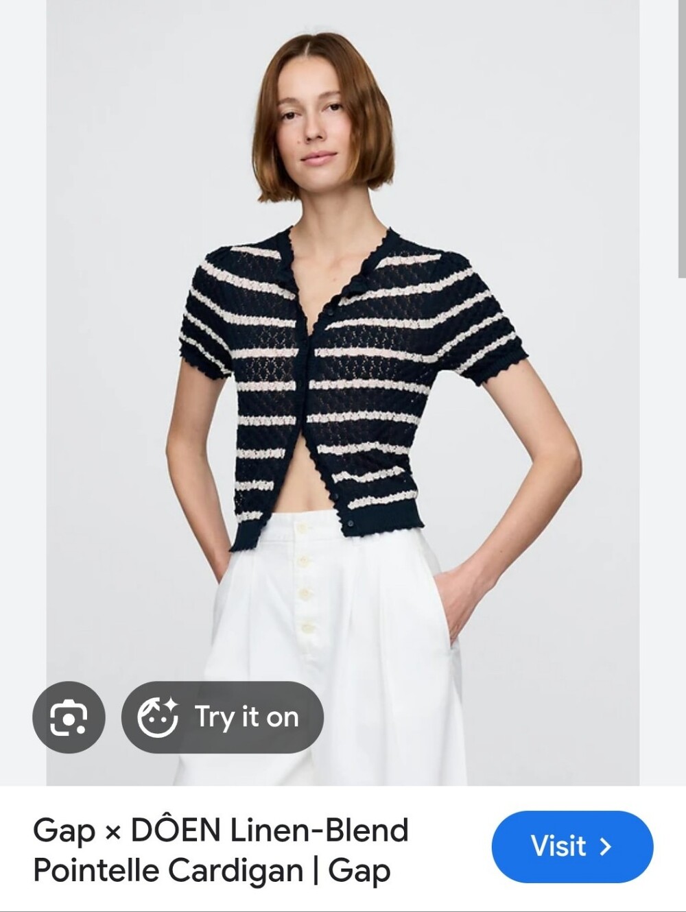 GAP/DOEN Navy & White Striped Pointelle Short-Sleeve Cardigan